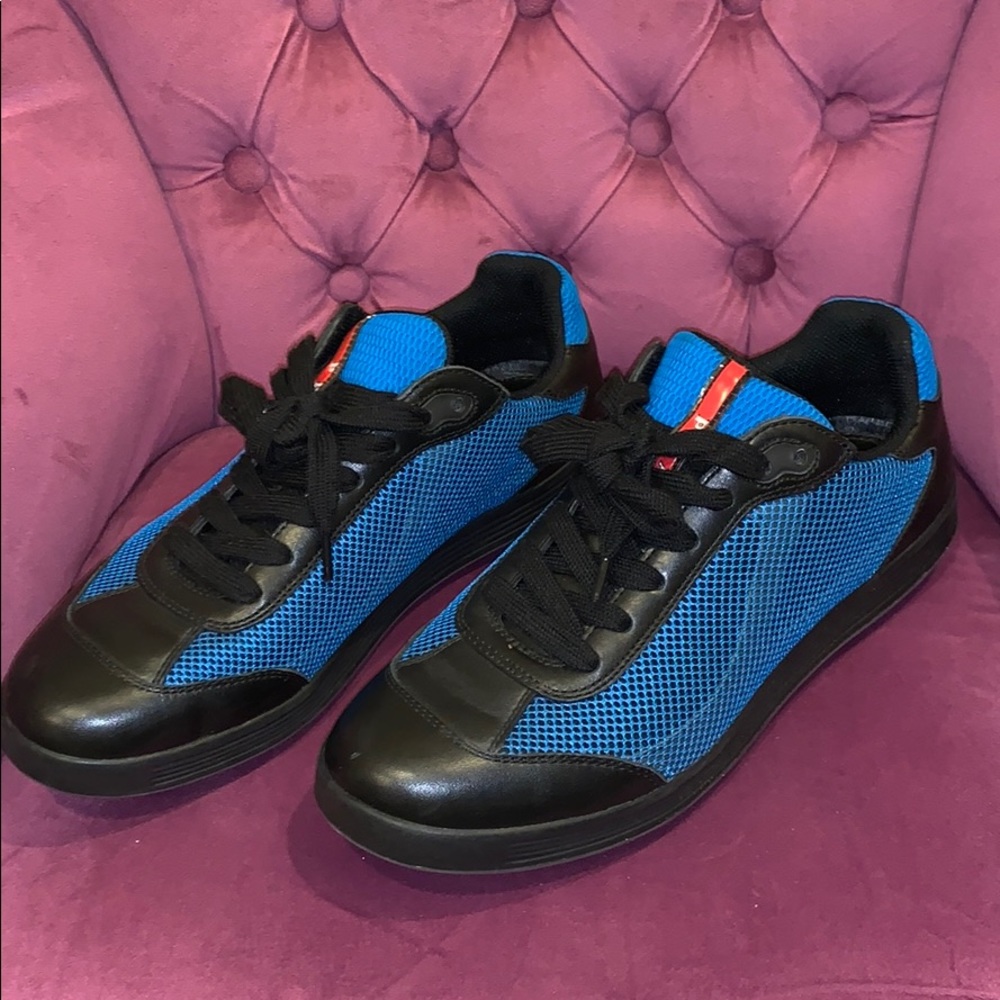 Prada Men’s Blue Perforated Black Leather Sneakers
